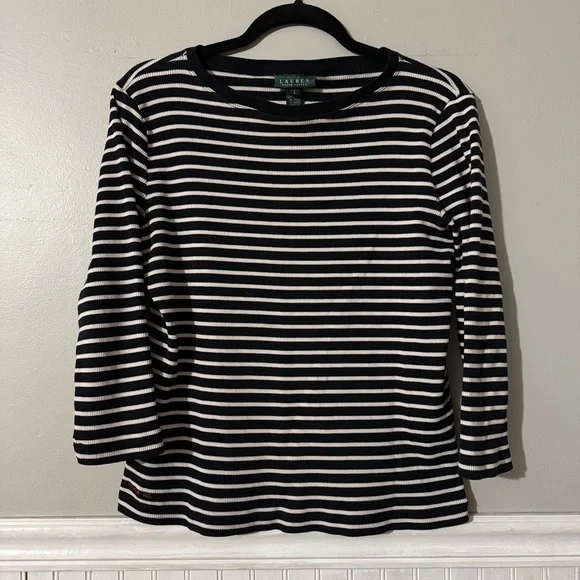 Lauren Ralph Lauren | Black & White Stripe Boat Neck Top Size Large - Picture 1 of 7